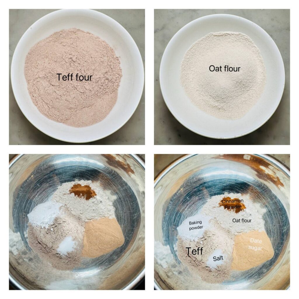 teff flour and oat flour in a pan 